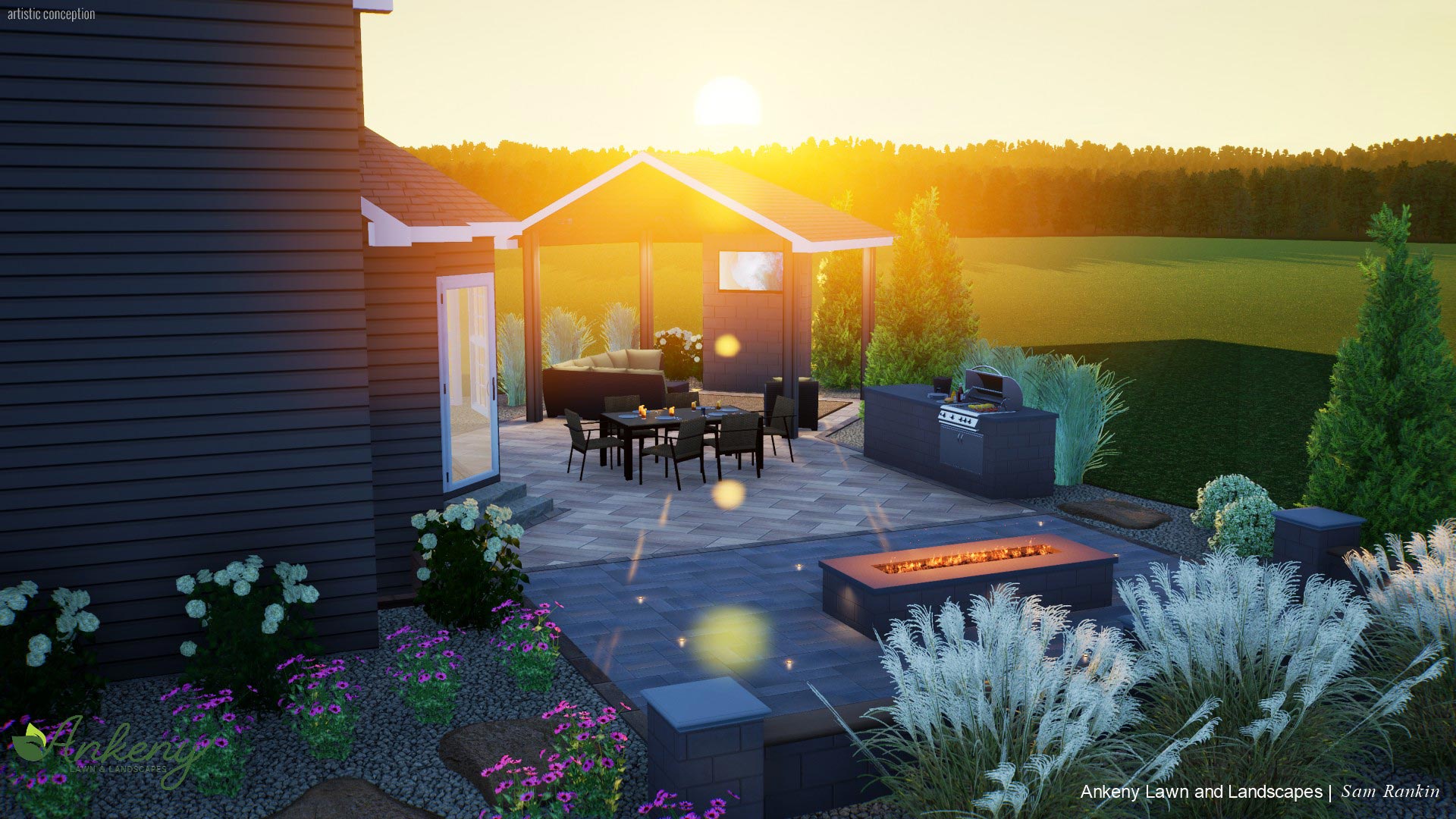 3D landscape design with fire pit and custom patio for a customer in Ankeny, IA.