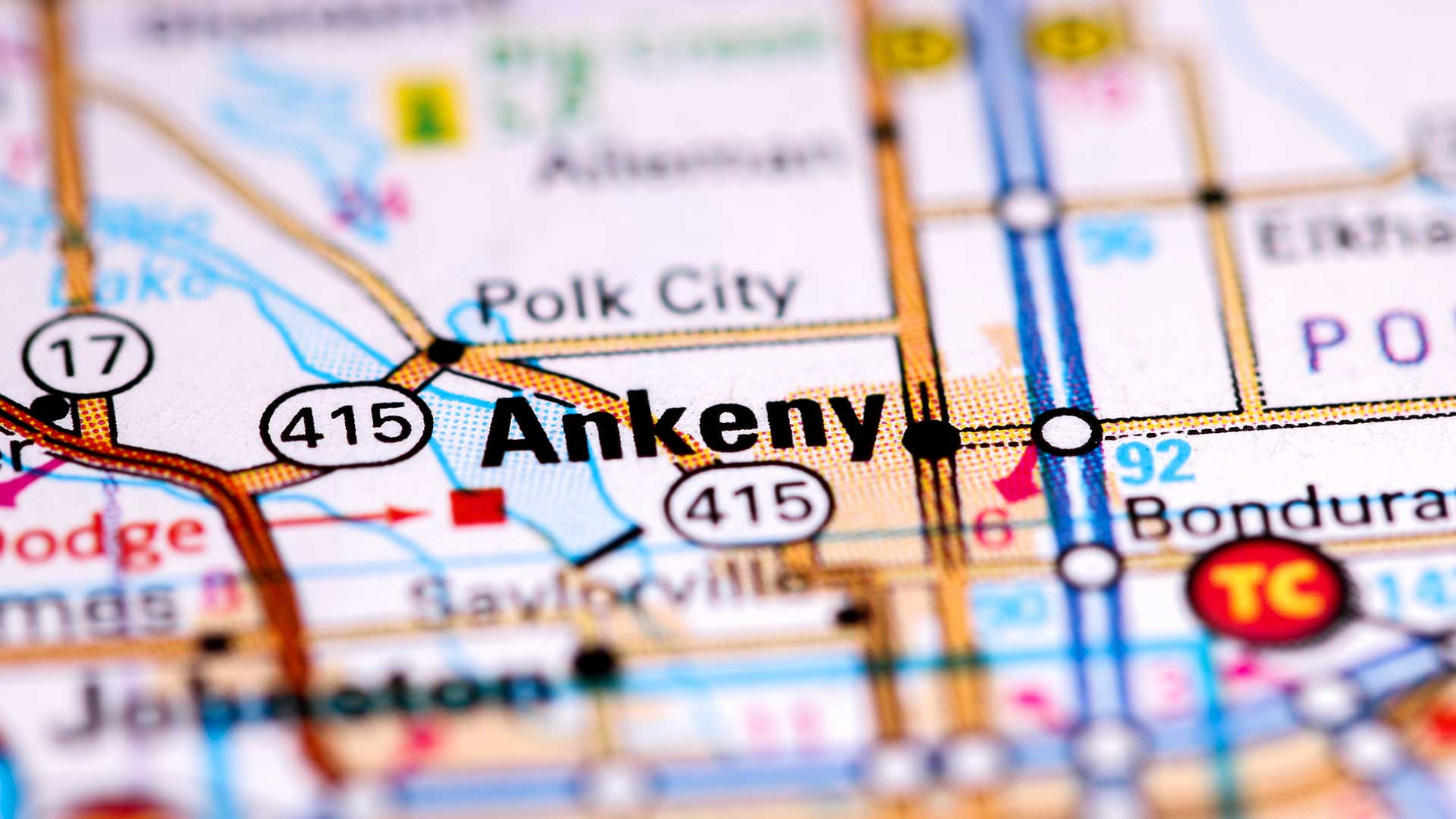 Ankeny, IA close up on a map.