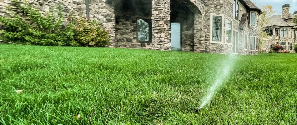 Sprinkler head watering lawn for home in Bondurant, IA.
